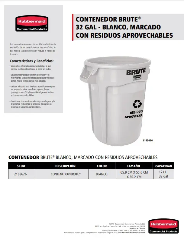 2163626 Contenedor Brute 32 Gal Blanco Marcado