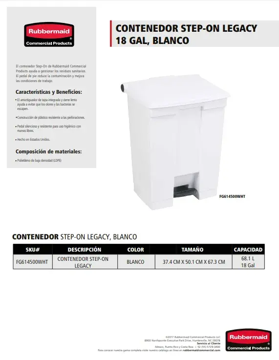 FG614500WHT Contenedor Step On Legacy 18 Gal Blanco