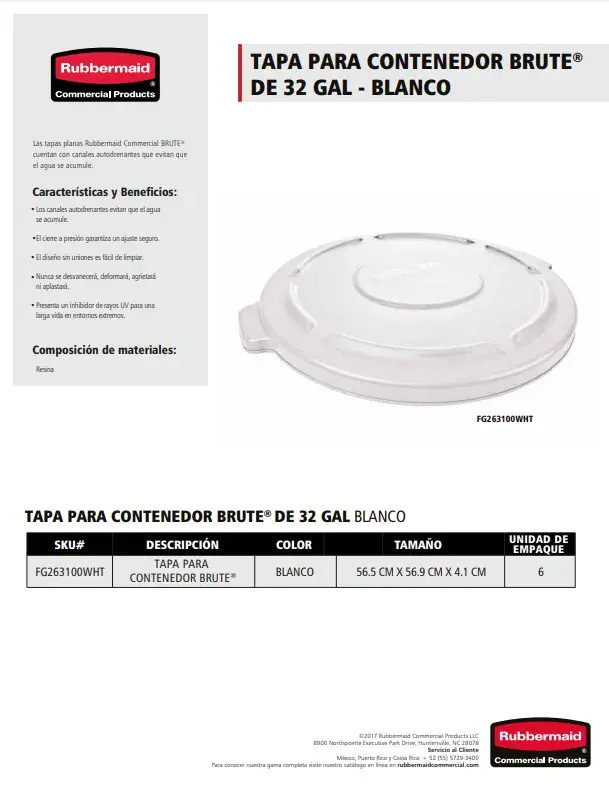 FG263100WHT Tapa plana Brute 32 Gal Blanco