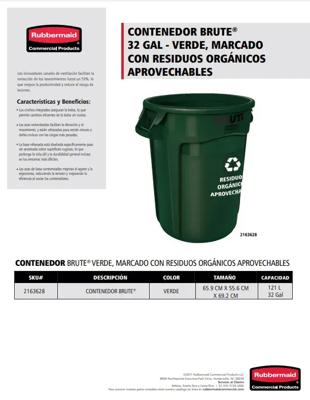 2163628 Contenedor Brute 32 Gal Verde Marcado