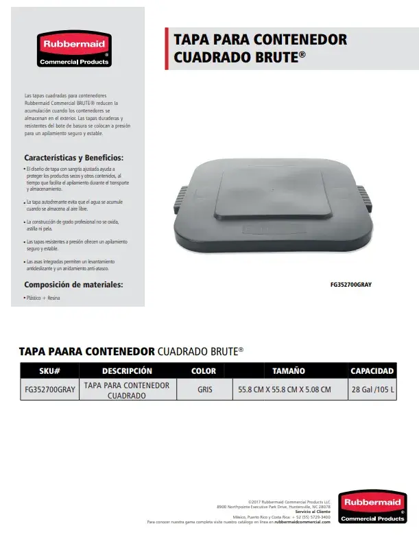 FG352700GRAY Tapa para contenedor cuadrado Brute