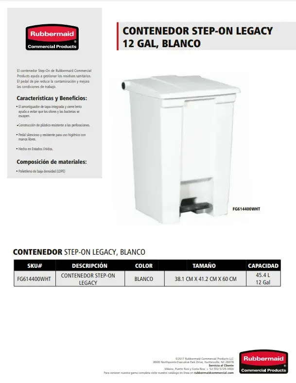 FG614400WHT Contenedor Step On Legacy 12 Gal Blanco