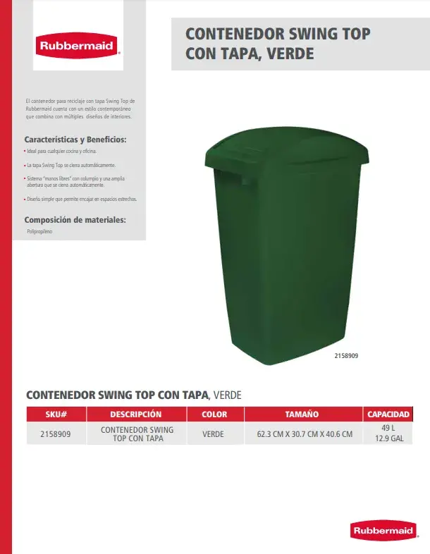 2158909 Contenedor Swing Top con tapa 12.9 Gal