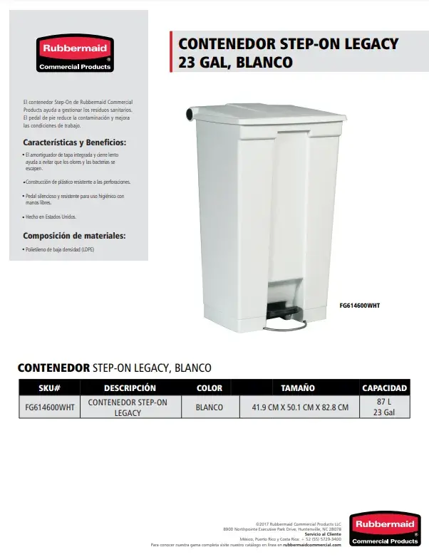 FG614600WHT Contenedor Step On Legacy 23 Gal Blanco