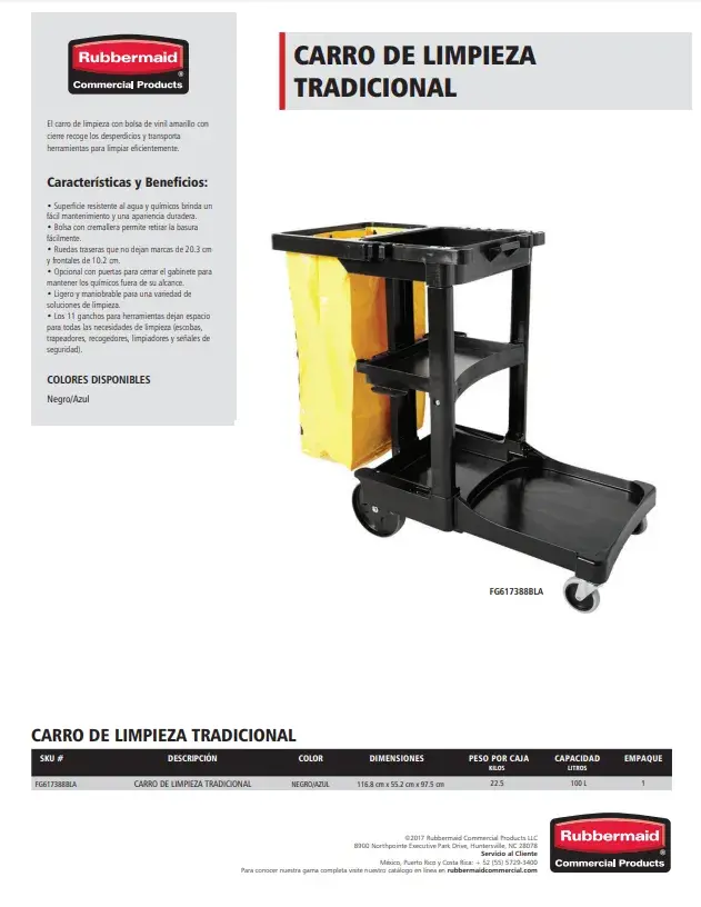 Rubbermaid Commercial Products FG9T7200BLA CARRO LIMPIEZA GRAN CAPACIDAD +  BOLSA