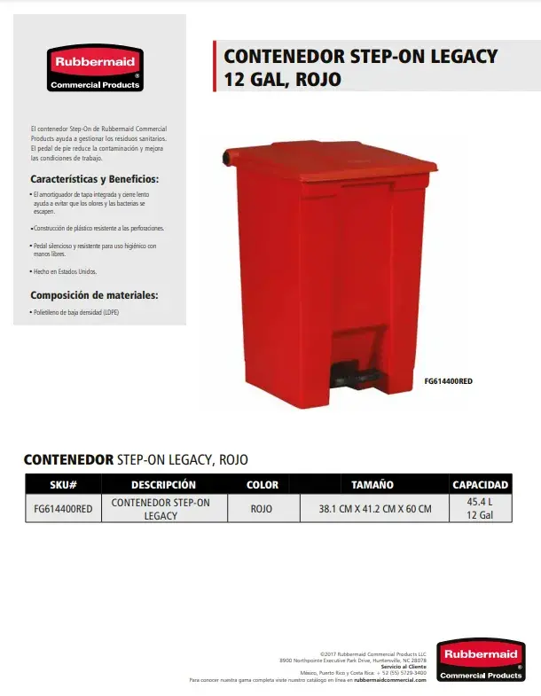 FG614400RED Contenedor Step On legacy 12 Gal Rojo